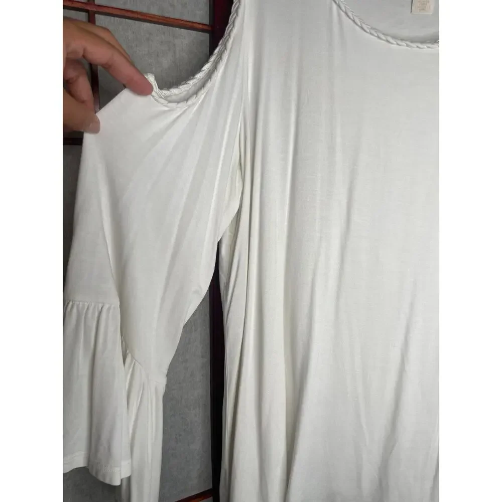 UGC Chico's White Cold Shoulder Bell Sleeve Blouse Braided Trim Boho Flowy Top L - Picture 5 of 9